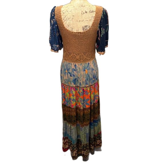 Vintage Raiment Fashions Tiered Maxi Dress Crochet Mixed Prints Boho Size Large‎ - Picture 4 of 5